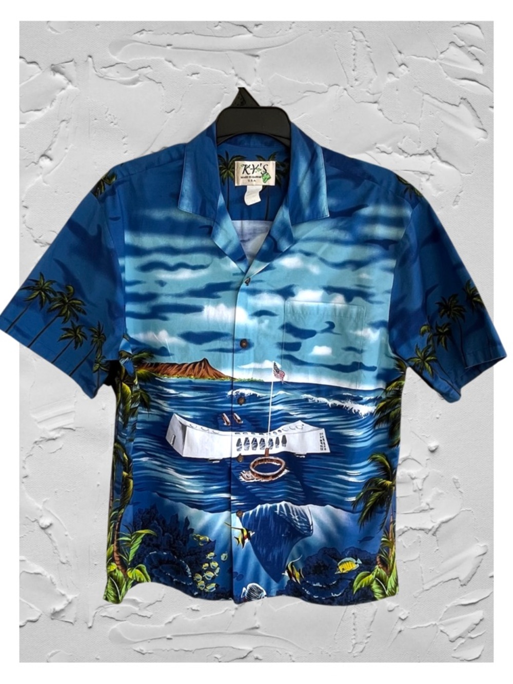 Vintage Ky’s Hawaiian USS Arizona Pearl Harbor Blue Tropical Print Camp Shirt